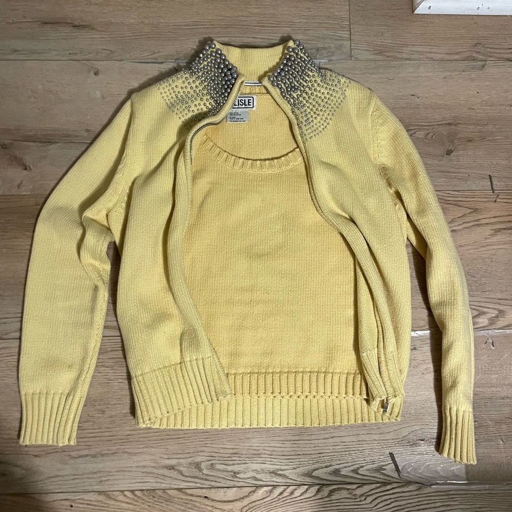 Carlisle Vintage Knit sweater set Mock neck zip Up cardigan + tank yellow L